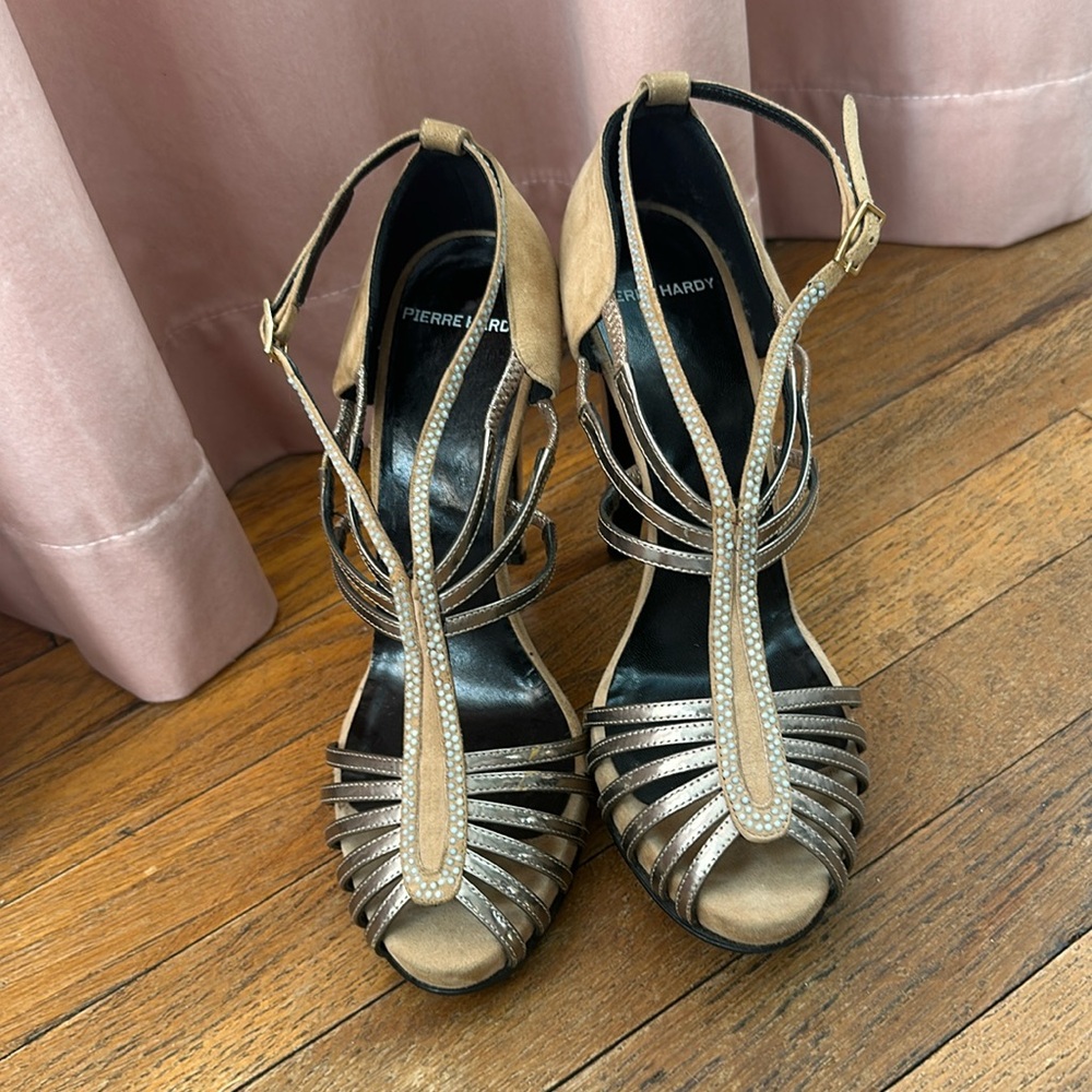 Pierre Hardy tan suede chrome beaded strappy heels
